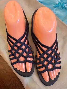 Women's navy blue Strappy Slide Sandals - Elegant Knot Accent